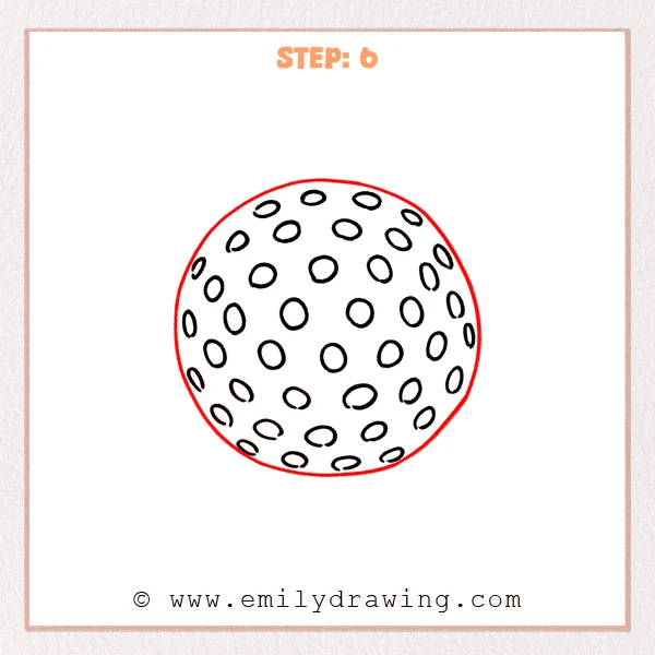 how to draw a golf ball - A golf ball sketch with a clean outer circle added around the dimples, forming a complete ball shape.